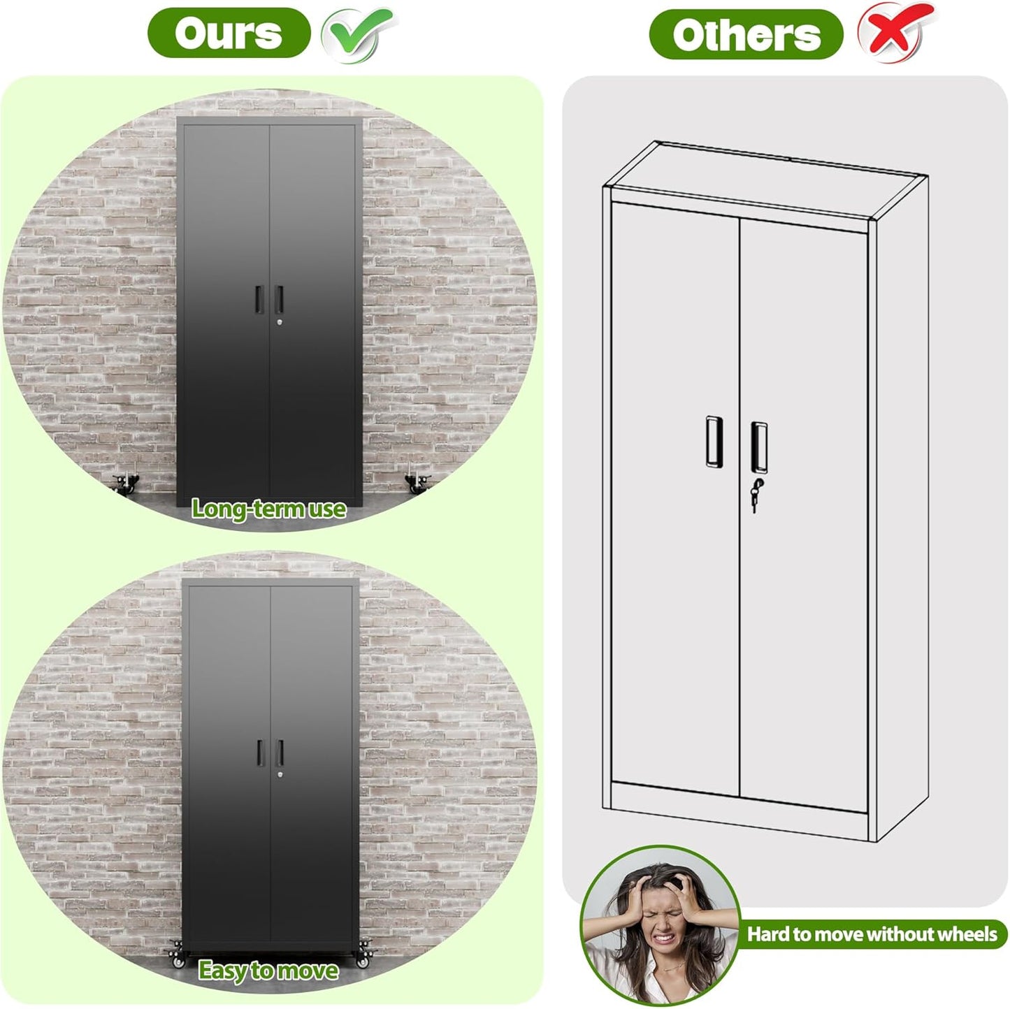 Metal Garage Storage Cabinet with Optional Wheels - Lockable 2-Door Organizer with Shelves