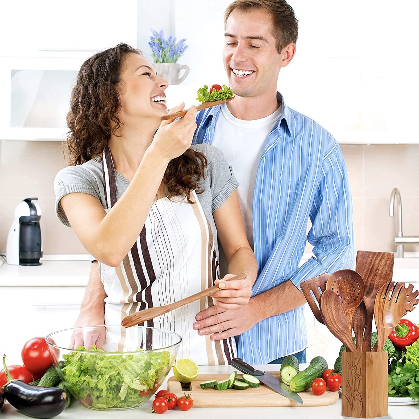 Teak Wooden Spoons for Cooking - 8Pcs Kitchen Utensils Set with Spatulas