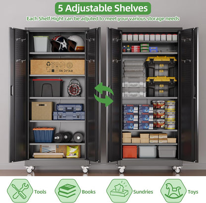 Garage Storage Cabinet with Pegboard - Lockable Metal Organizer with 5 Adjustable Shelves