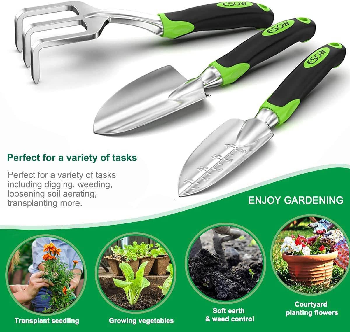 Garden Tool Set, 3 Piece Cast-Aluminum Heavy Duty Gardening Kit Includes Hand Trowel, Transplant Trowel and Cultivator Hand Rake with Soft Rubberized Non-Slip Ergonomic Handle, Garden Gifts