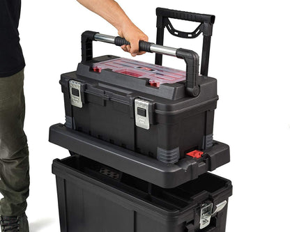 Mobile Hawk Cart and Stackable Tool Box System and Organizer with Telescopic Comfort Grip Handle - Perfect Organization and Storage Chest for Power Drill, Tape Measure, and Small Parts
