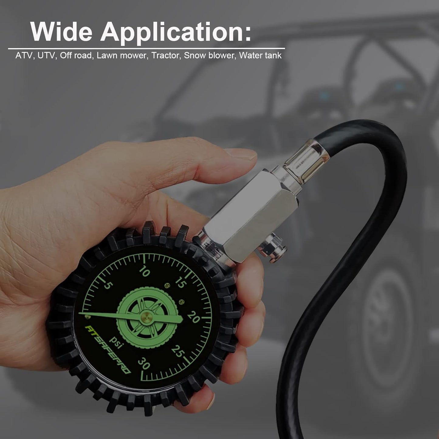 Low Pressure Tire Gauge to 30PSI, 2.5” Mechanical Tire Gauge with Flexible Hose and Angled Chuck, Analog Air Pressure Gauge Glow in the Dark for ATV, off Road, Lawn Mower Etc