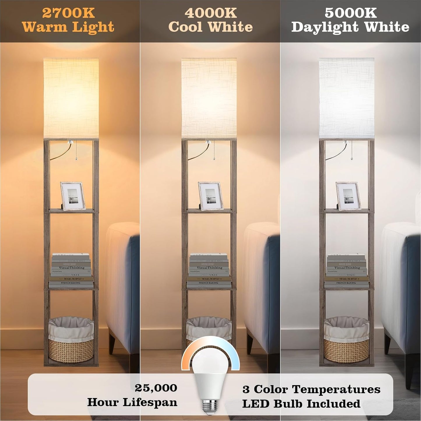 Floor Lamp with Shelves, Shelf Lamp with 3 Color Temperature LED Bulb,Lamps for Living Room, Standing Lamp Modern Tall Standing Light Display Shelf Floor Lamps for Bedroom, Office Home Decor
