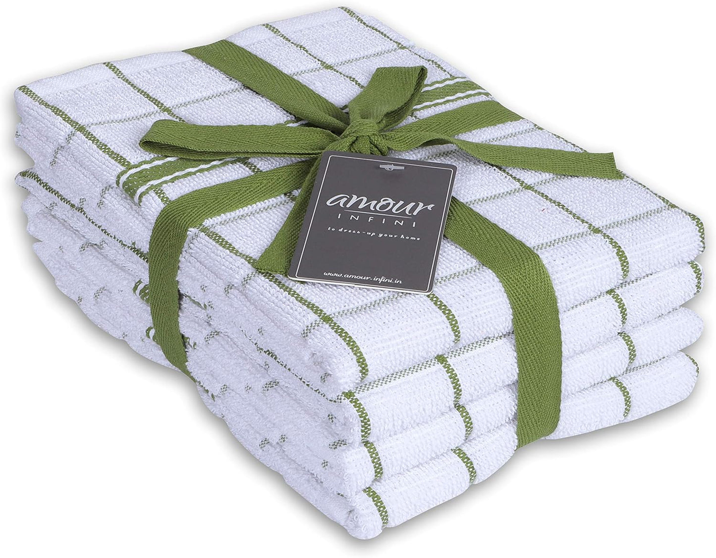 Terry Cotton Kitchen Towels 4-Pack - Large 18 X 28 Inch, Absorbent & Soft Dish Towel with Hanging Loop, Washable Ideal for Cleaning, Drying (Green)