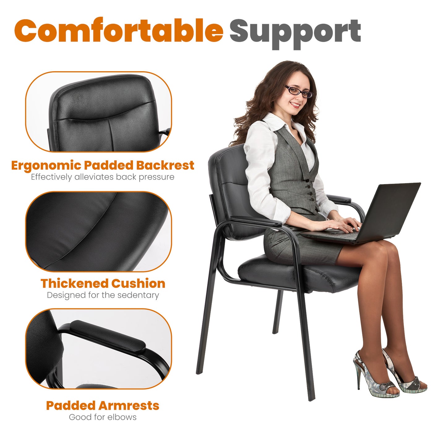 Leather Conference Room Chair with Padded Arms - Executive Office Guest Chair