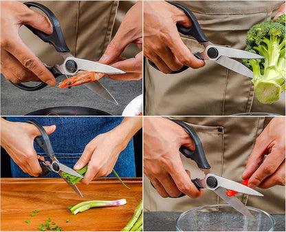 Multifunction Kitchen Scissors 2-Piece Set , Heavy Duty Food Shears for Chicken Meat Vegetable Fish Herb Poultry Stainless Steel Cooking Scissors with Comfortable Handle (Black)