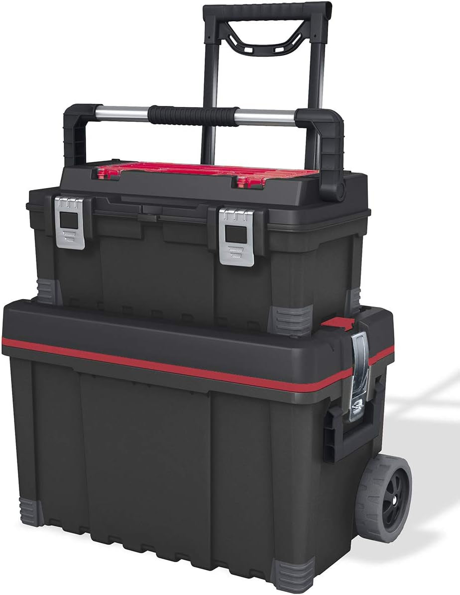 Mobile Hawk Cart and Stackable Tool Box System and Organizer with Telescopic Comfort Grip Handle - Perfect Organization and Storage Chest for Power Drill, Tape Measure, and Small Parts