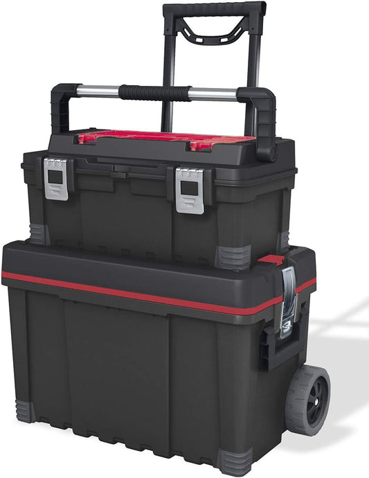 Mobile Hawk Cart and Stackable Tool Box System and Organizer with Telescopic Comfort Grip Handle - Perfect Organization and Storage Chest for Power Drill, Tape Measure, and Small Parts