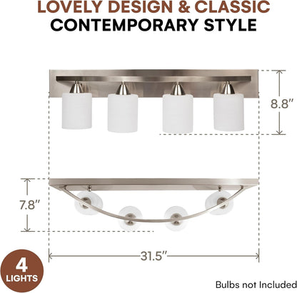 4-Lights Bathroom Vanity Lights - Alloy Steel Bathroom Light Fixtures for Mirrors - Oil-Rubbed Bronze Lighting Bar with Nickel Glass Shade - 8 X 32 X 9 Inches - Bulbs Not Included