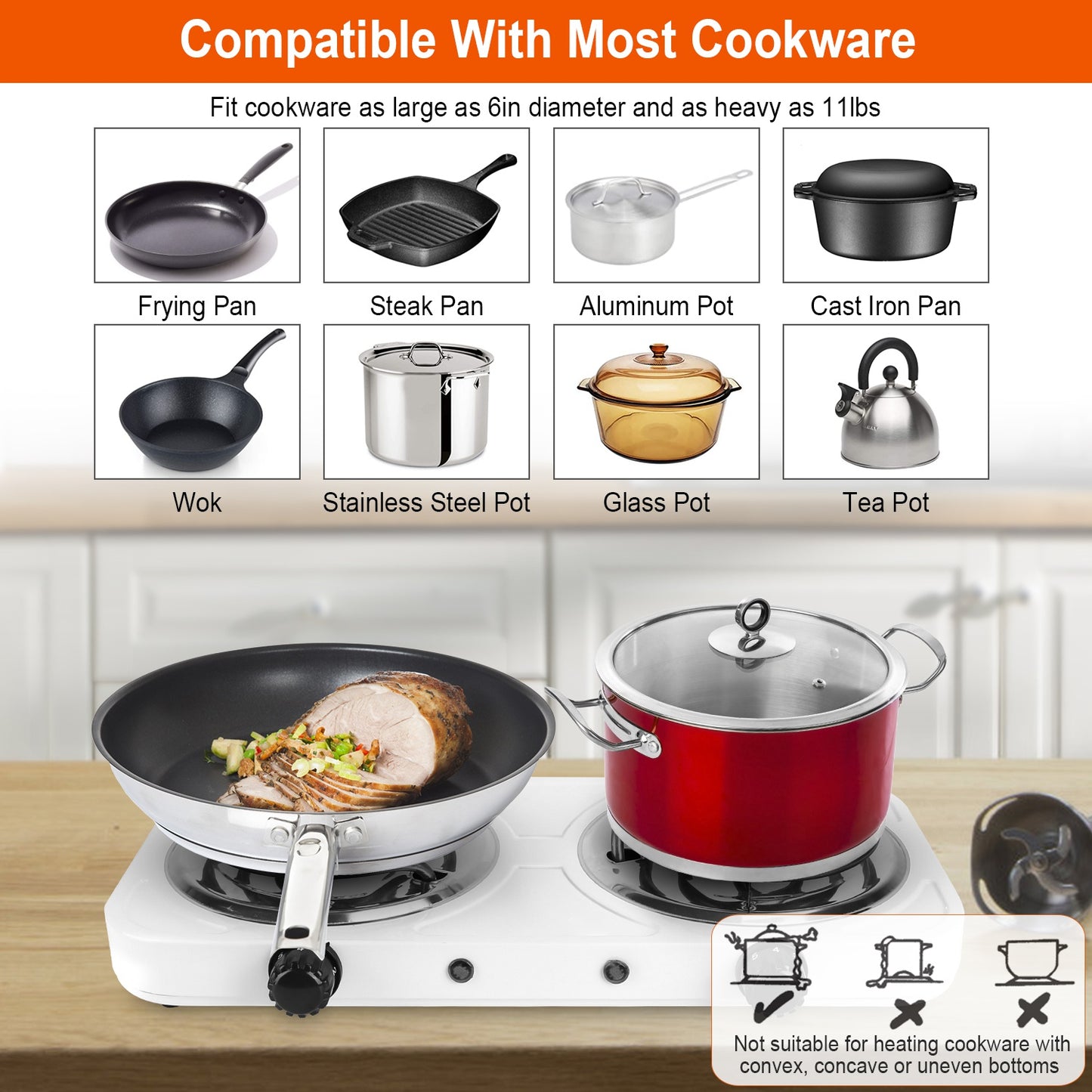 Placa calefactora eléctrica de doble quemador - Estufa portátil de encimera de 2000 W con 5 configuraciones de temperatura