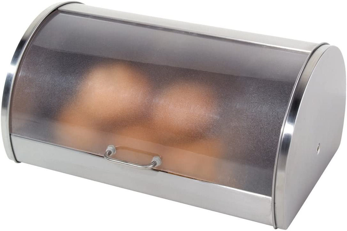 Stainless Steel Roll Top Bread Box for Kitchen Countertop with Frosted Plexilass Lid - Fits Multiple Loaves of Bread and Other Freshly Baked Goods Including Cookies, Bagels, Muffins