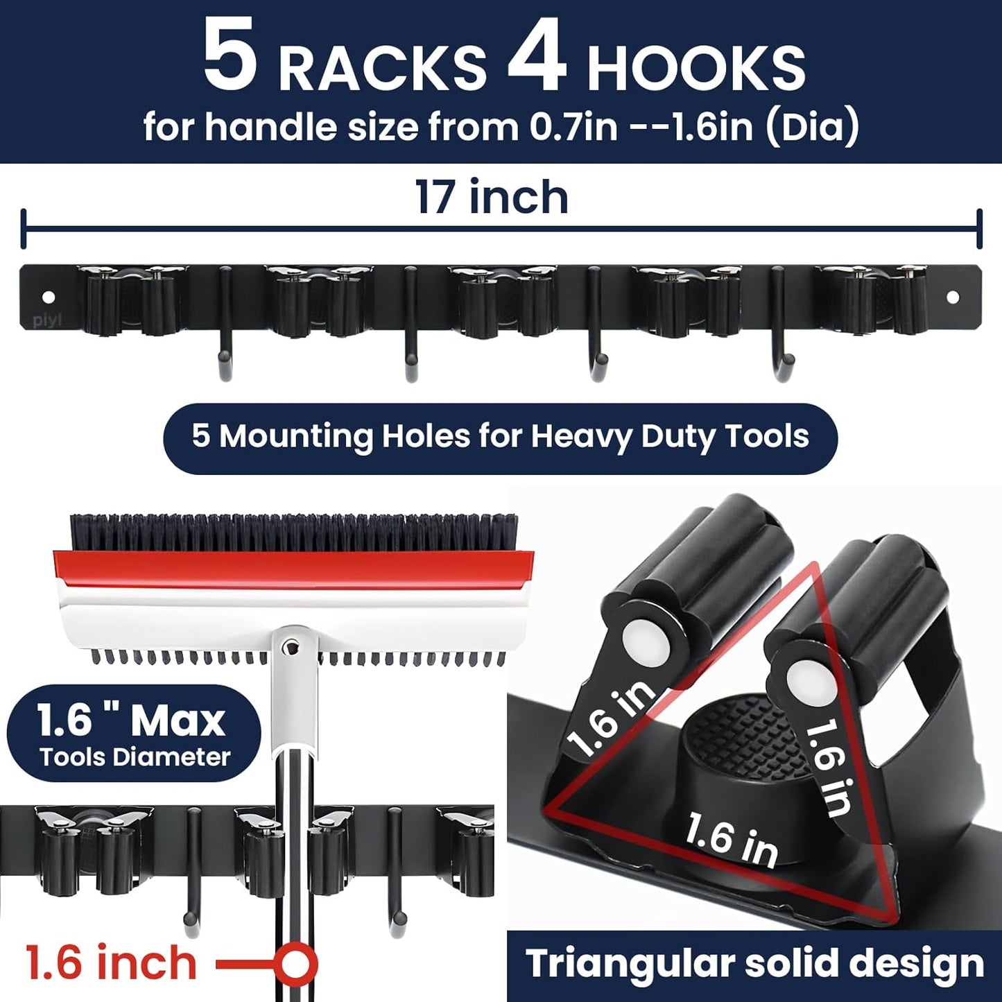 Mop and Broom Holder Wall Mount - 5 Racks and 4 Hooks Broom Hanger Mop Organizer Storage Tool Racks Stainless Steel Heavy Duty Utility Hooks for Home Kitchen Garden Laundry Garage Closet