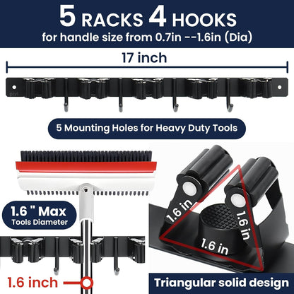Mop and Broom Holder Wall Mount - 5 Racks and 4 Hooks Broom Hanger Mop Organizer Storage Tool Racks Stainless Steel Heavy Duty Utility Hooks for Home Kitchen Garden Laundry Garage Closet