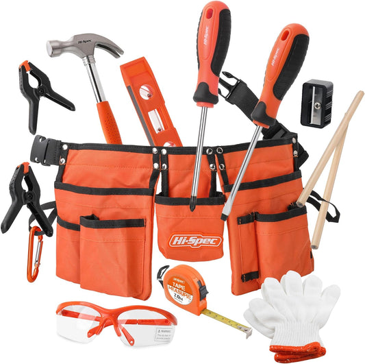 16Pc Orange Kids Tool Kit Set & Child Size Tool Belt. Real Kit for DIY Building, Woodwork & Construction Learning for Kids