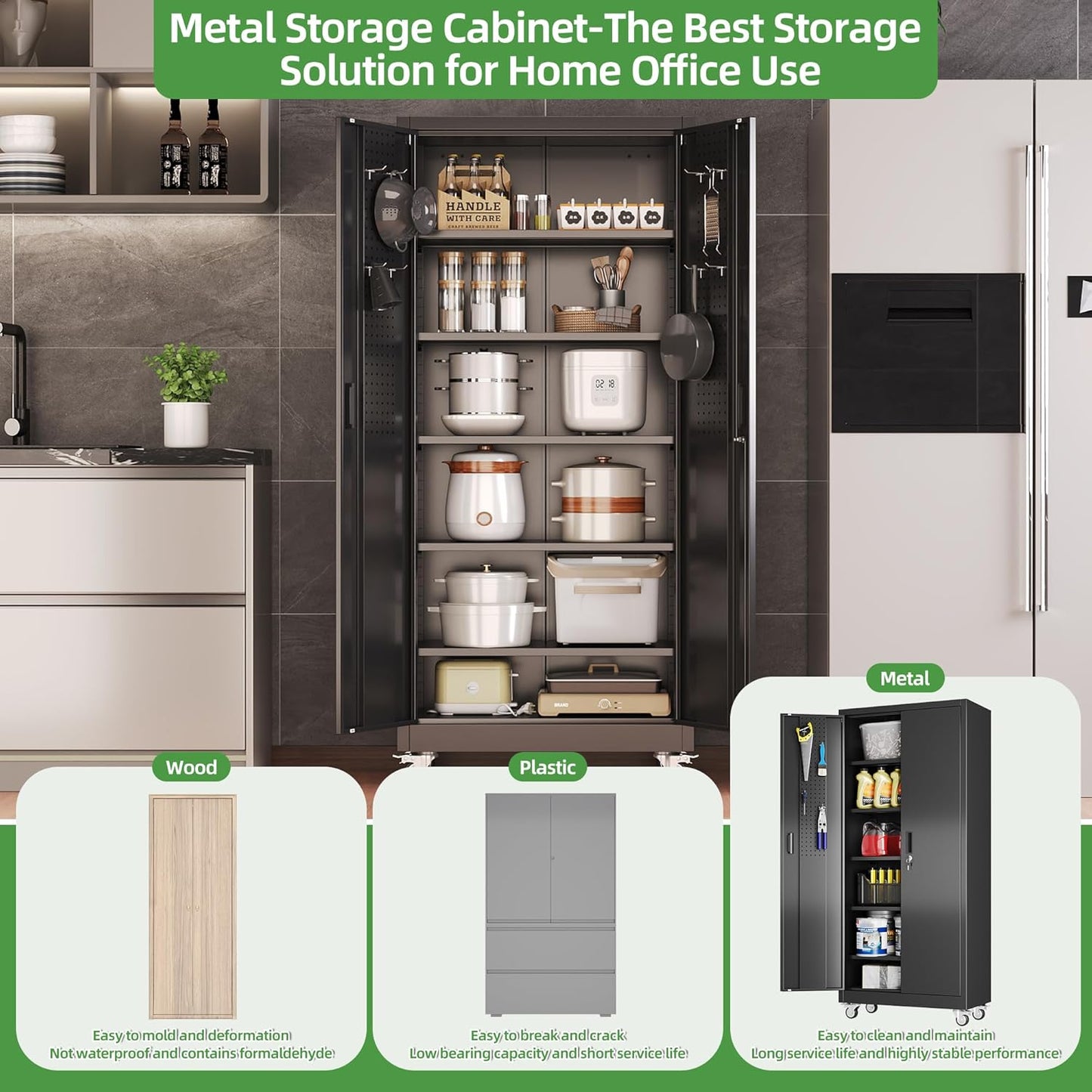 Garage Storage Cabinet with Pegboard - Lockable Metal Organizer with 5 Adjustable Shelves