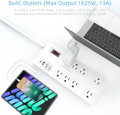 8 AC Outlet, 5 Feet Extension Cord Power Strip with 3 USB-A 2.4A 1USB-C 3A, MAX Output 1625W 13A, 600Joule, Ultra-Compact Wide Spaced Outlet for Large Plug