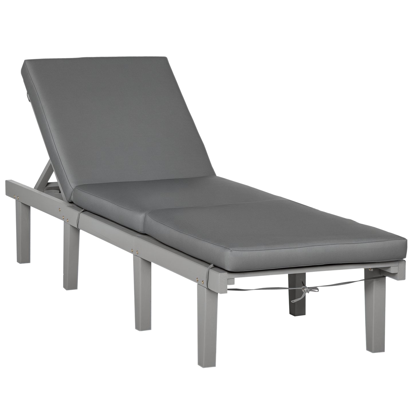 Wood Outdoor Chaise Lounge Chair - 4-Position Adjustable Reclining Beach Chair with Cushion - Gray