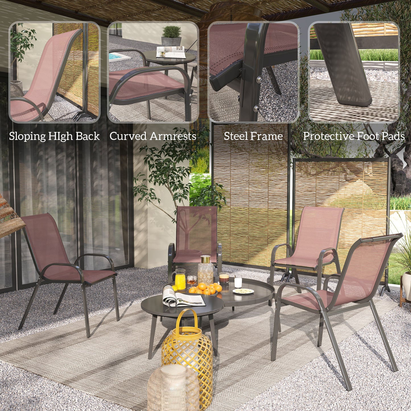 Set of 4 Outdoor Dining Chairs - Stackable Patio Chairs with High Back & Breathable Mesh - Brown