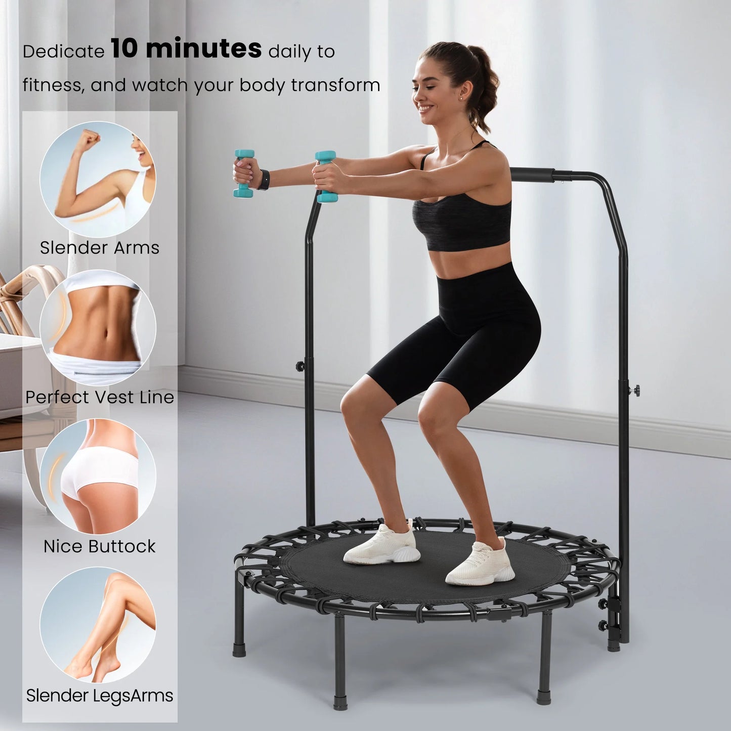 2 in 1 Circular Trampoline 40In Fitness Trampoline with 24 Bungees Adjustable Foam Handle Exercise Trampoline for Family Adults Indoor Outdoor Workout Black Gifts for Dad