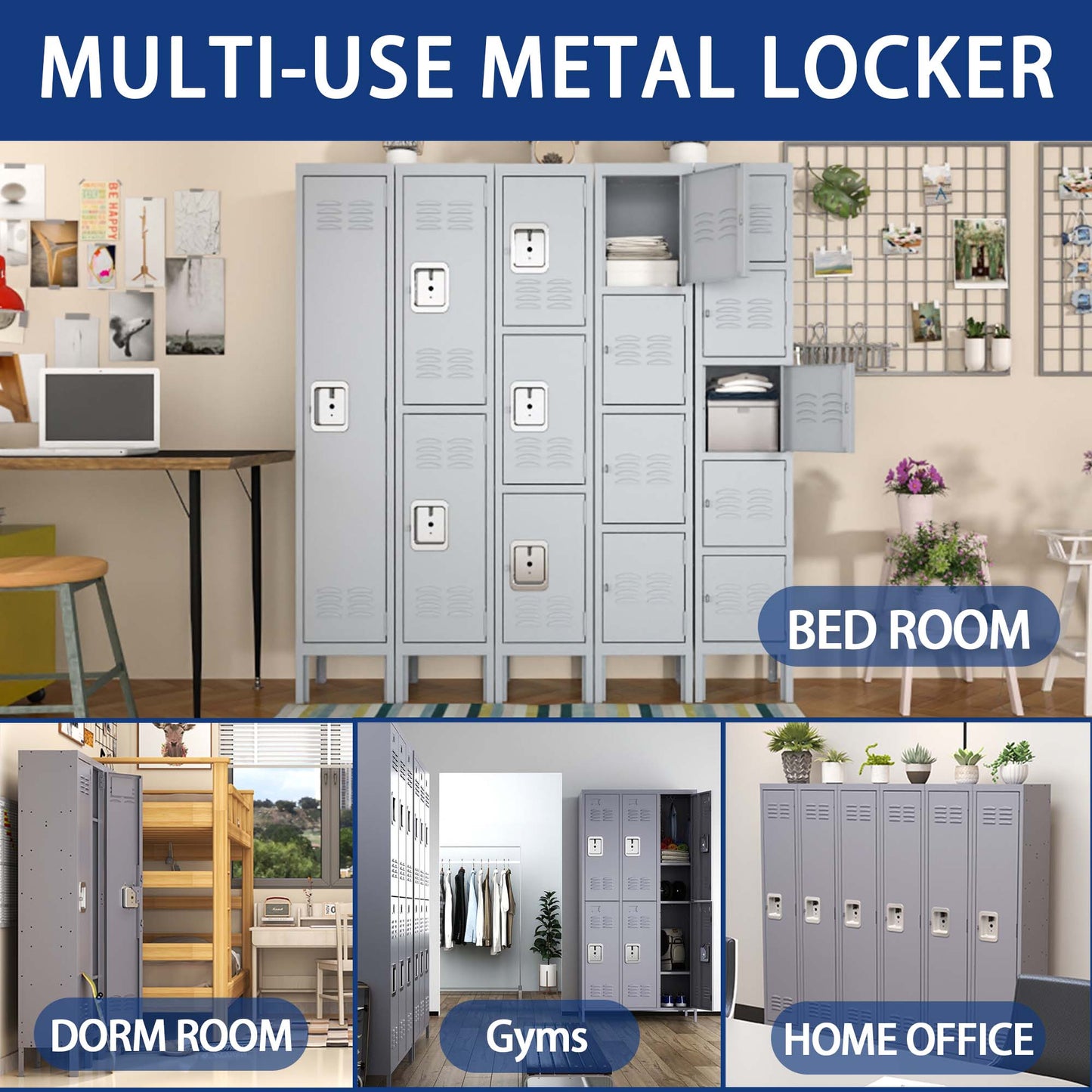 3-Door Metal Lockers with Lock - Employee Storage Cabinet for Gym, Office, School