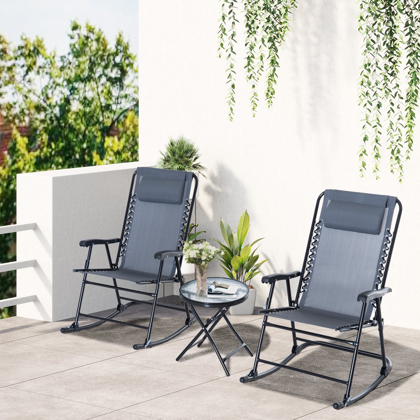Outdoor Folding Rocking Chair Set - 2 Rocking Chairs with Armrests & Side Table - 3-Piece Patio Furniture - Gray