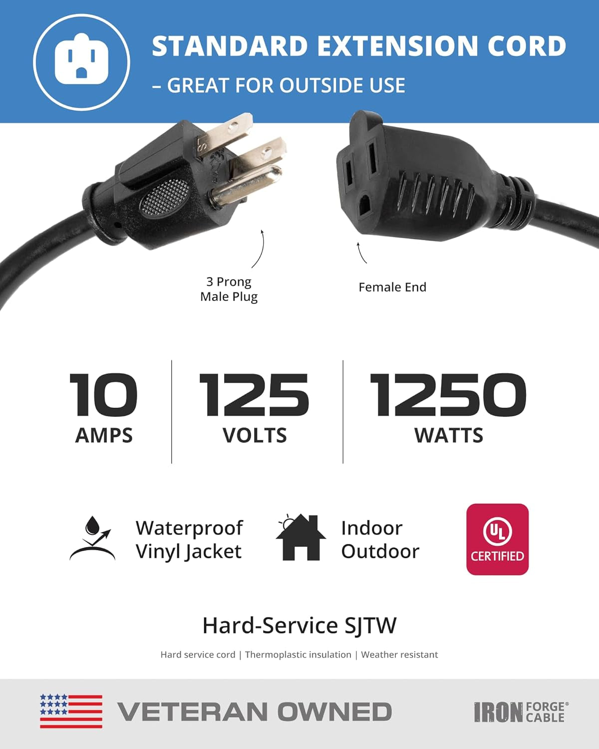 2 Pack 100 Ft Black Extension Cord, 16/3, 100 Foot Extension Cord, 3 Prong, Weatherproof - Great for outside Use