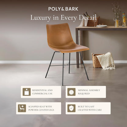 Paxton Leather Dining Chairs – Set of 2 Modern Dining Room Chairs with Low Back – Faux Leather Upholstery and Matte Black Steel Base – Comfortable Seating for Stylish Interiors – Tan