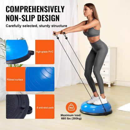 Pelota de equilibrio BOSU de 58 cm (23 pulgadas) - Media pelota de ejercicio con bandas de resistencia para core, estabilidad y yoga - 300 kg (azul)