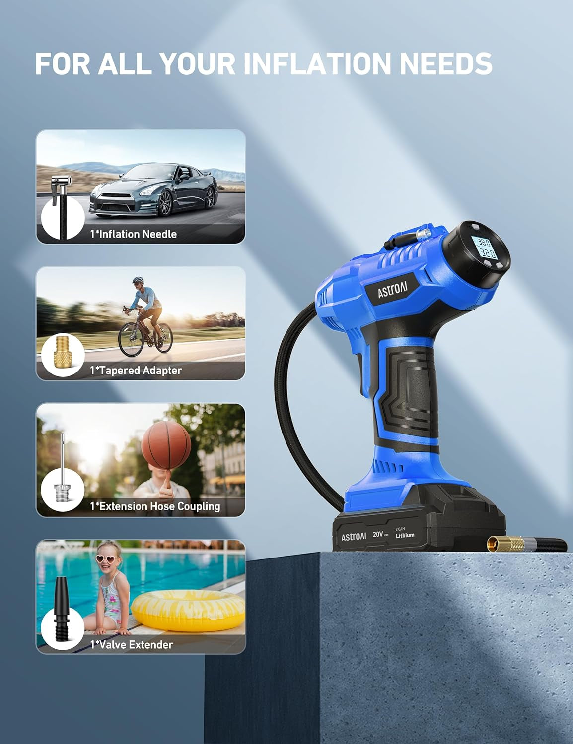 C2 Cordless Tire Inflator Air Compressor 20V Rechargeable Battery Powered 160PSI Portable Handheld Air Pump with 12V Car Power Adapter Digital Pressure Gauge for Cars Motorcycles Blue