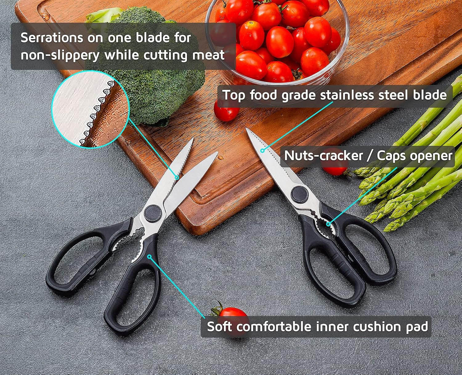 Multifunction Kitchen Scissors 2-Piece Set , Heavy Duty Food Shears for Chicken Meat Vegetable Fish Herb Poultry Stainless Steel Cooking Scissors with Comfortable Handle (Black)