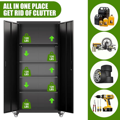 Metal Garage Storage Cabinet with Optional Wheels - Lockable 2-Door Organizer with Shelves