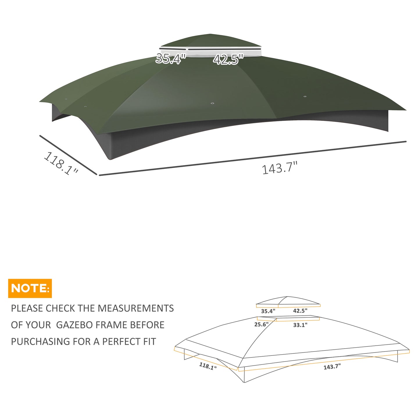 10' x 12' 2-Tier Gazebo Canopy Replacement Cover with Drainage Holes - Green