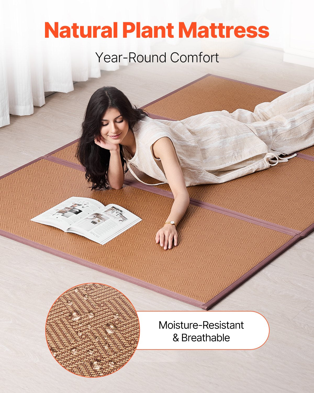 Japanese Rattan Tatami Mat - 80" x 55" Handwoven Summer Sleeping Mat for Meditation & Yoga