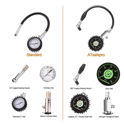 Low Pressure Tire Gauge to 30PSI, 2.5” Mechanical Tire Gauge with Flexible Hose and Angled Chuck, Analog Air Pressure Gauge Glow in the Dark for ATV, off Road, Lawn Mower Etc