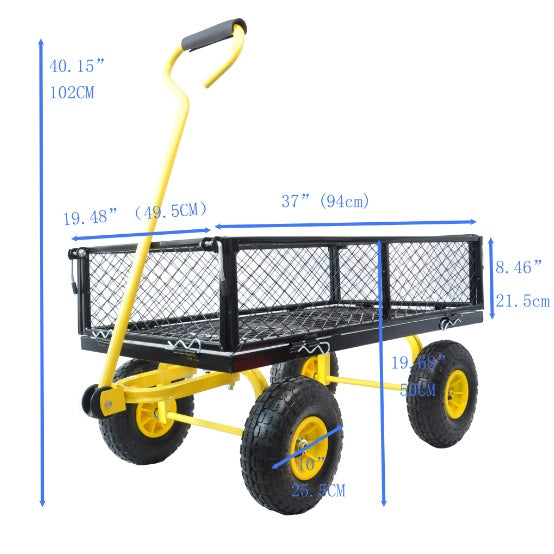 Heavy Duty Steel Garden Cart - 4-Wheel Utility Wagon with Swivel Handle & Detachable Sides