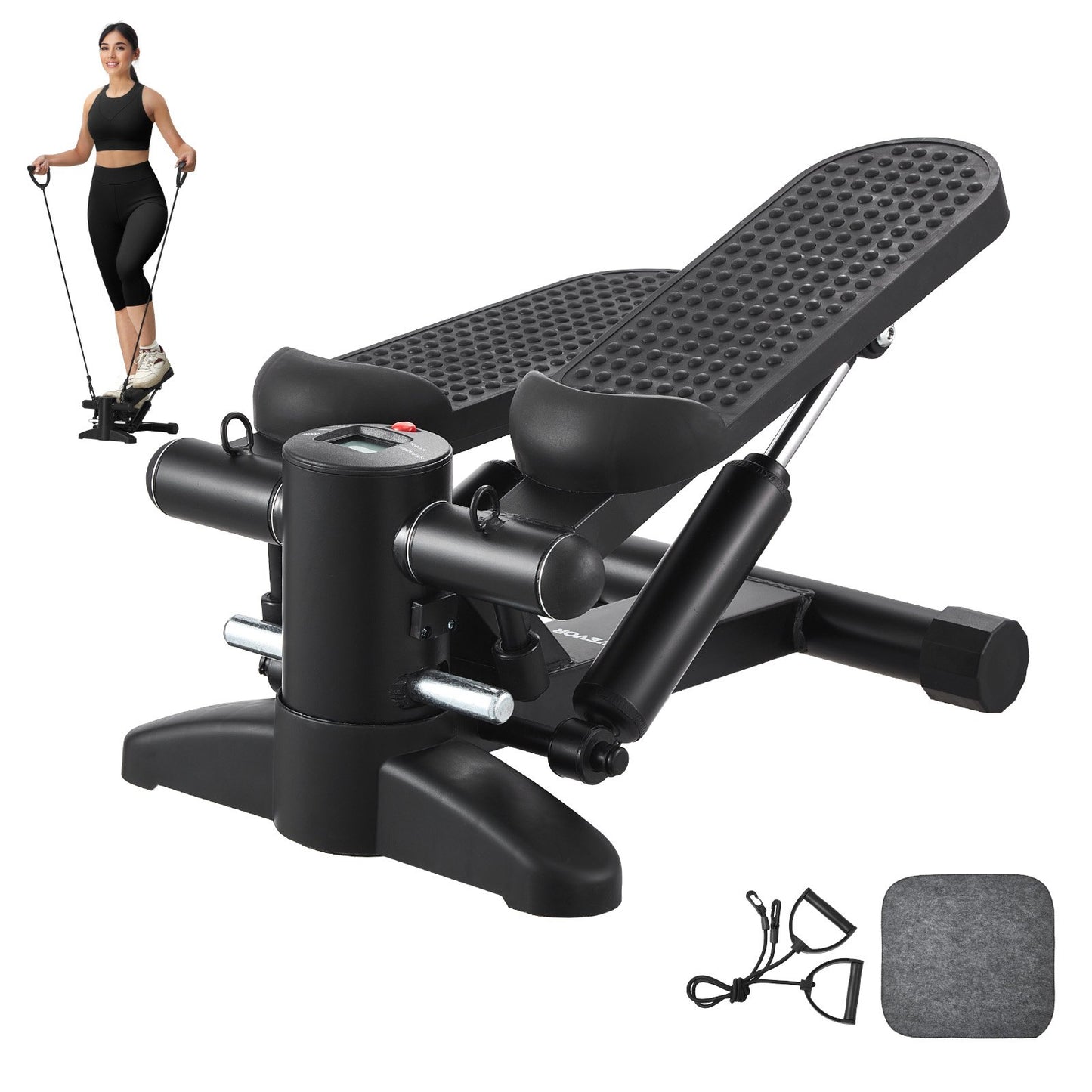 Mini Stair Stepper for Home Gym - Hydraulic Fitness Stepper with Resistance Bands & LCD Monitor - 330lbs Capacity