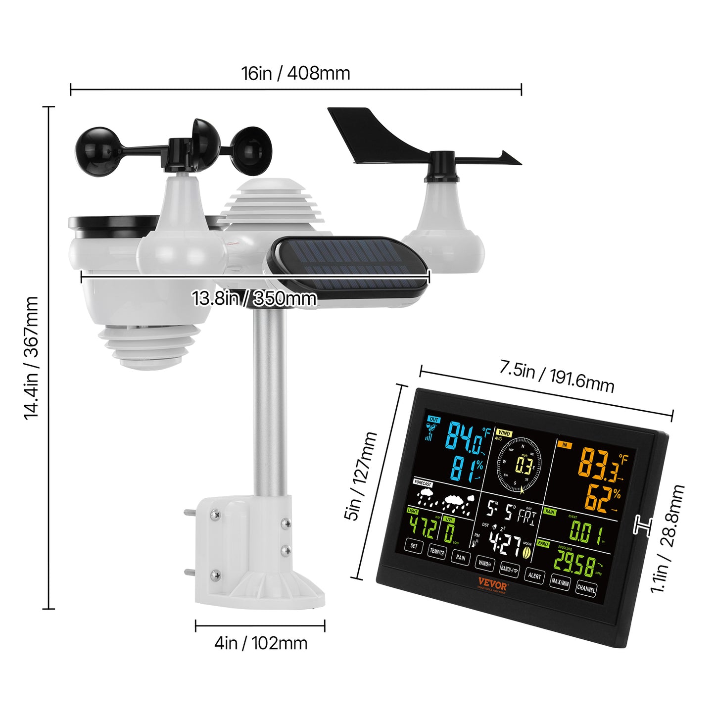 7-in-1 Wireless Weather Station - Large Color Display with Indoor/Outdoor Sensors