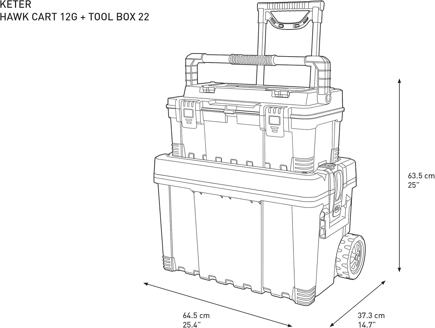 Mobile Hawk Cart and Stackable Tool Box System and Organizer with Telescopic Comfort Grip Handle - Perfect Organization and Storage Chest for Power Drill, Tape Measure, and Small Parts