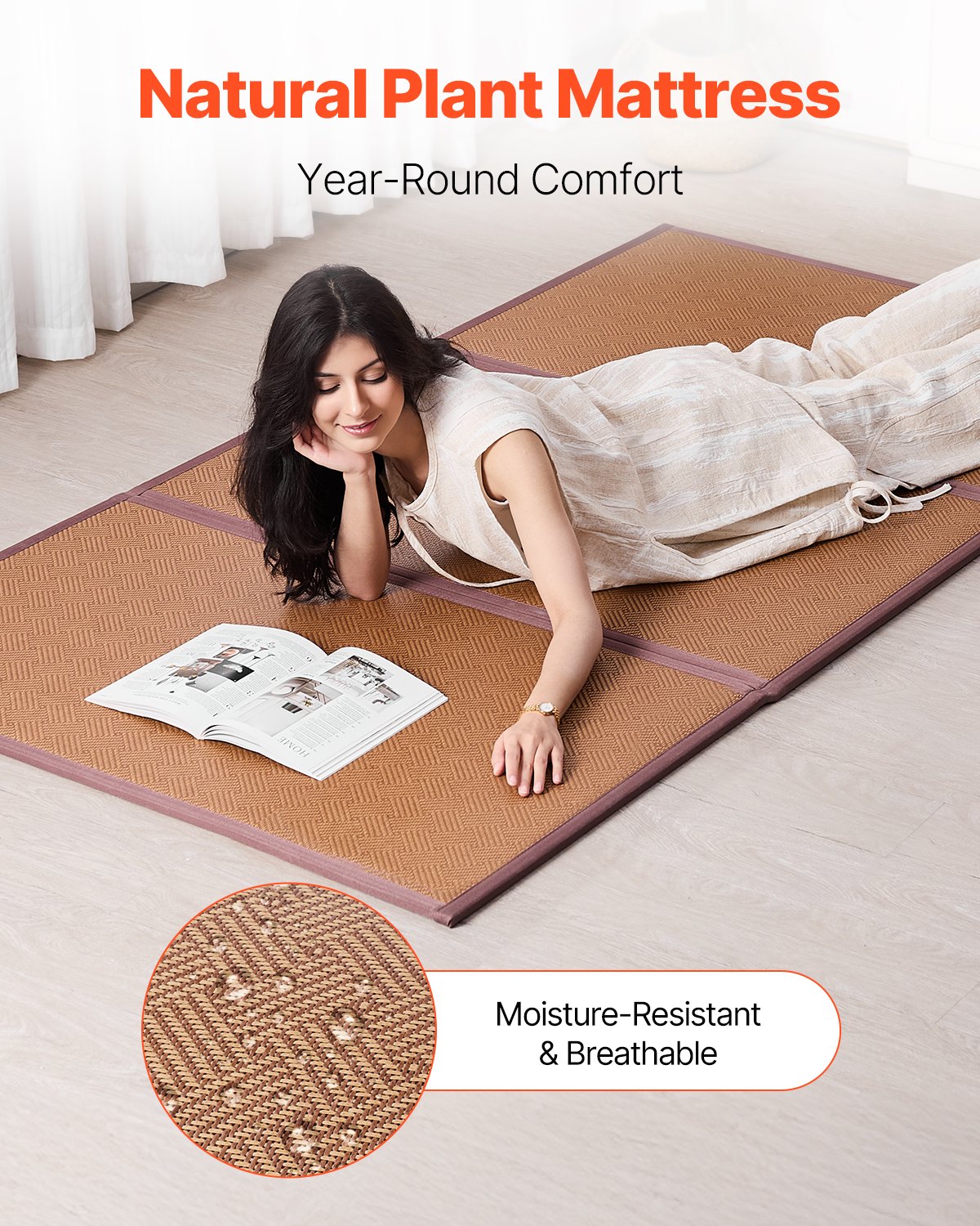 Japanese Rattan Tatami Mat - 80" x 39" Handwoven Summer Sleeping Mat for Meditation & Yoga