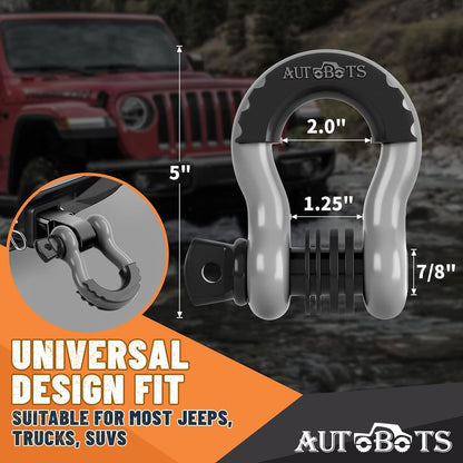 Bow Shackles 3/4" D Ring Shackle (2 Pack), 48,000Ib Break Strength with 7/8" Pin, 2 Isolator and 4 Washers Kit for Offroad Vehicle Truck Recovery Gray