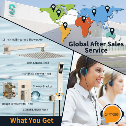 12 Inches Bathroom Luxury Rain Mixer Shower Combo Set Wall Mounted Rainfall Shower Head System Brushed Nickel Finish Shower Faucet Rough-In