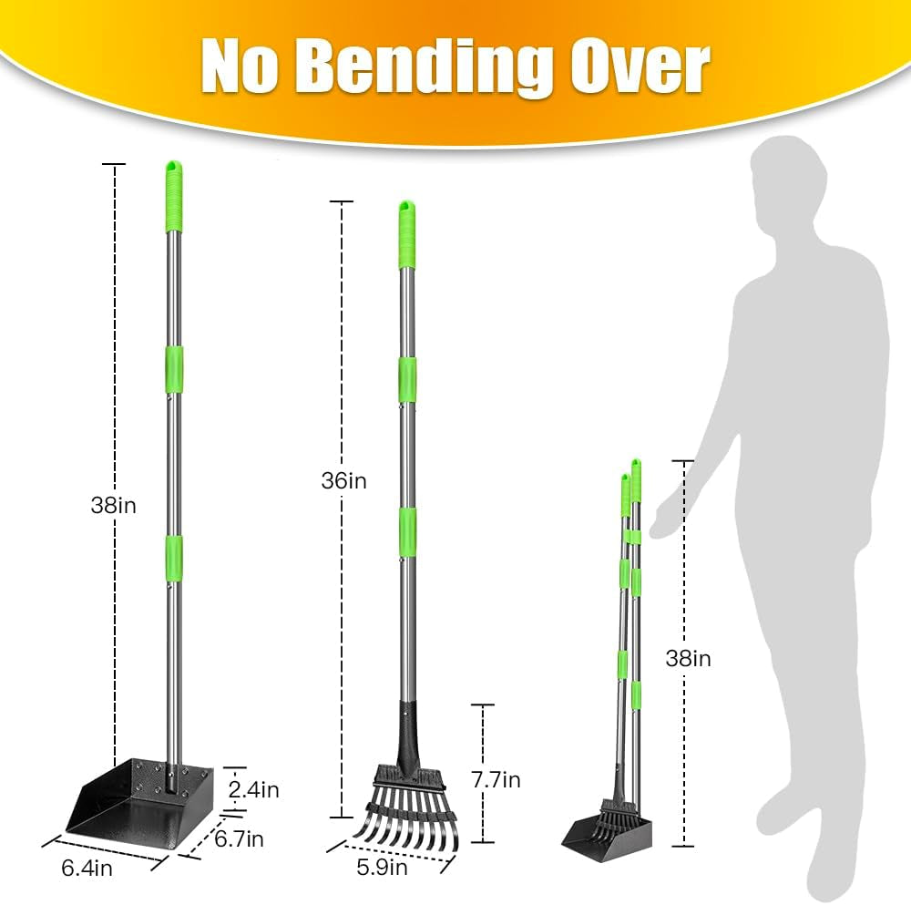 Pooper Scooper, Dog Pooper Scooper Long Handle Stainless Metal Tray and Rake for Medium Small Dogs Heavy Duty Pet Supplies to Use for Grass, Dirt or Gravel