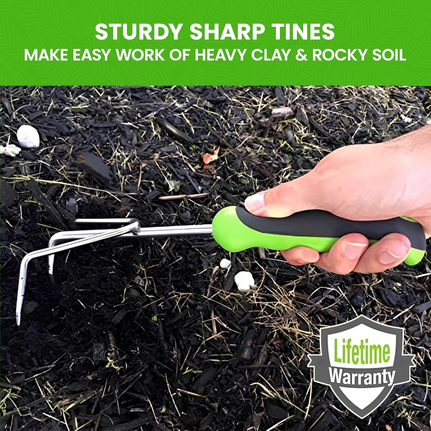 Garden Guru Hand Cultivator Rake Tiller Tool - Stainless Steel for Ultimate Strength - Rust Resistant - Ergonomic Handle - Great for Gardening Cultivating Loosening Weeding