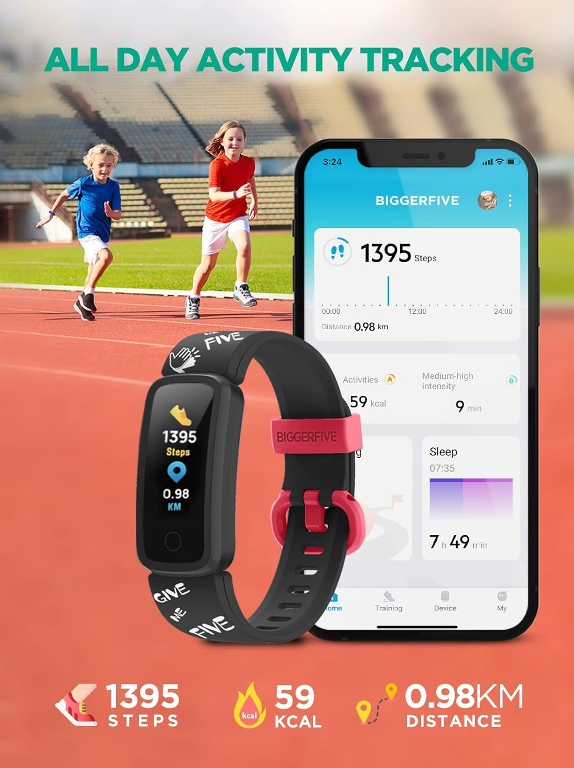 Kids Fitness Tracker Watch for Girls Boys Age 5-15, Heart Rate Monitor, IP68 Waterproof, Activity Tracker, Sleep Monitor, Pedometer, Calorie Counter, Silent Alarm Clock (Black)