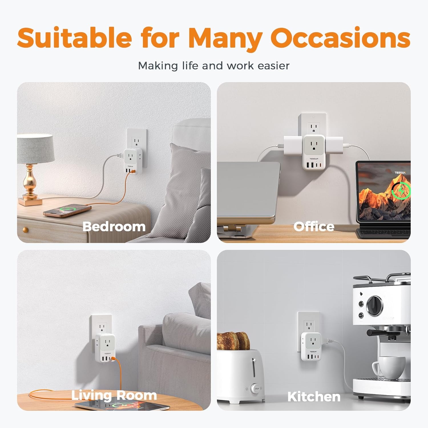 USB C Charger Block 20W,  PD Fast Charging Adapter with Foldable Plug, 1875W Power Outlet Extender(4 AC and 4 USB) for Cruise, Home, Office, Dorm