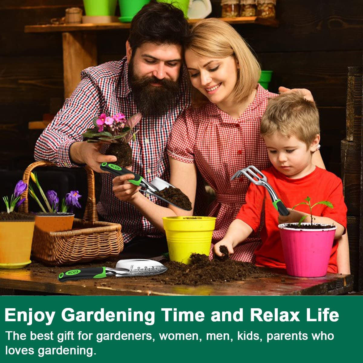 Garden Tool Set, 3 Piece Cast-Aluminum Heavy Duty Gardening Kit Includes Hand Trowel, Transplant Trowel and Cultivator Hand Rake with Soft Rubberized Non-Slip Ergonomic Handle, Garden Gifts