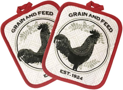 Rooster Kitchen Decor Linen Set Includes 2-Towels 2-Pot Holders 1-Oven Mitt | Grain and Feed Rooster Theme Kitchen Towel Set for Cooking, Baking, Housewarming & Kitchen Decoration (Set of 5 Piece)