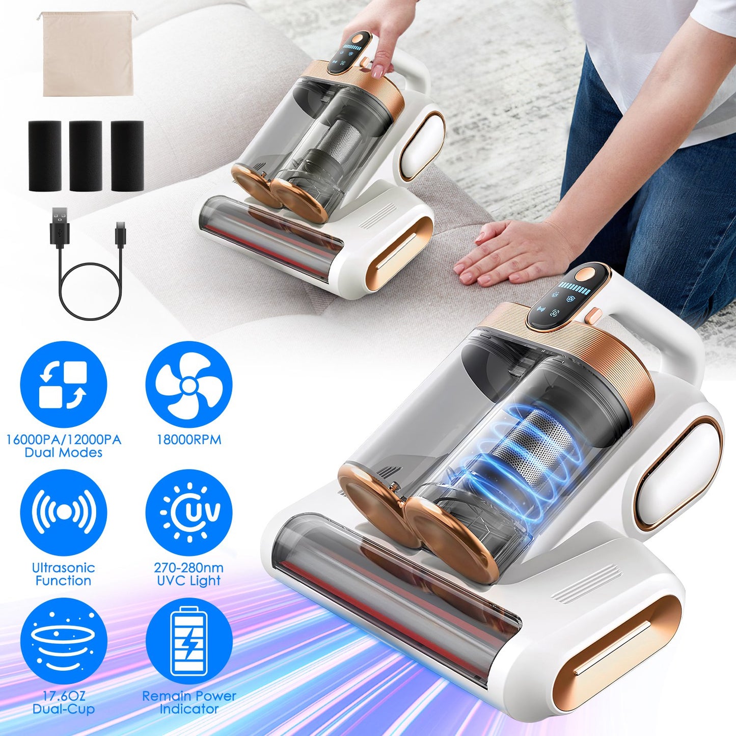 Mattress Vacuum Cleaner 16KPa - UV-C Light Handheld Bed Vacuum with HEPA Filter