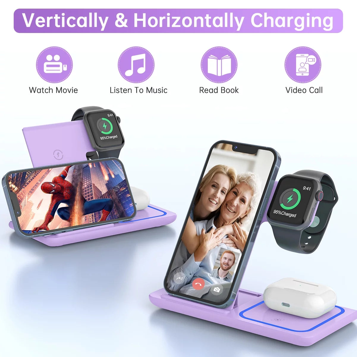 Wireless Charging Station, 3 in 1 Wireless Charger for Iphone 17/16/15/14/13/12/11/Pro/Pro Max/Xs, 18W Charging Dock for Iwatch Series 11 10 9 8 7 6 5 4 3 2, Airpods 4/3/2/Pro(Purple)