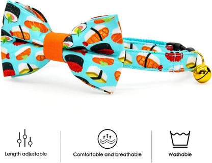 Sushi Cat Collar Bow Set, Breakaway Safety Collar, Wedding/Birthday Bowtie Collar for Kitten
